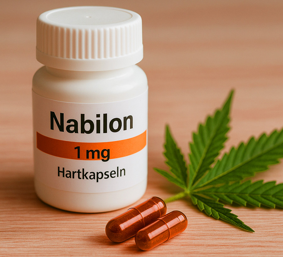 Bild zeigt zwei Kapseln, ein Cannabisblat und eine Dose für Kapseln auf der Nabilon 1mg steht.